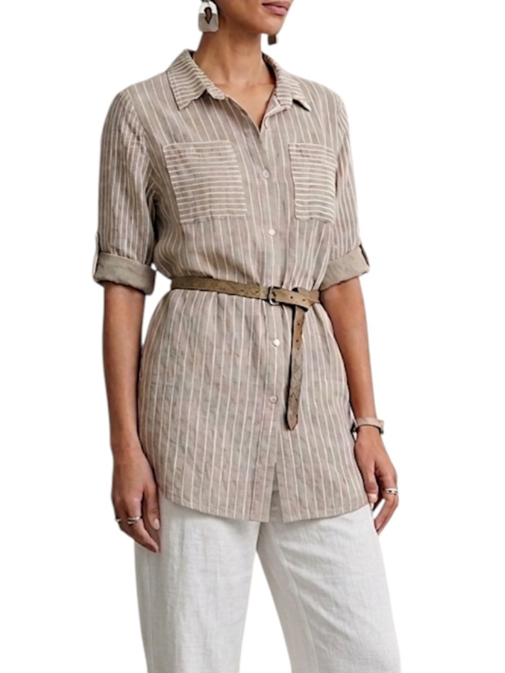 M Made in Italy pure linen taupe stripe coastal tunic half sleeve blouse shirt M